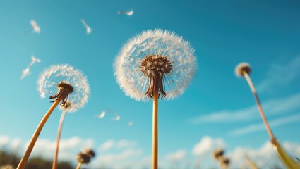 Fototapeta premium Dandelion flowers in a field against a clear blue sky with seeds drifting in the air during a sunny day