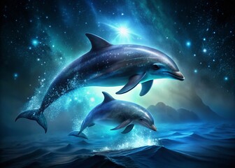 Obraz premium Night Ocean Glow: Two Dolphins Swimming in Bioluminescent Waters