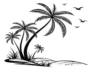 tropical beach scene, palm trees silhouette, seagulls flying, black and white illustration, minimalist design, island paradise, coastal landscape, relaxing vacation vibes, simple line art, monochrome 