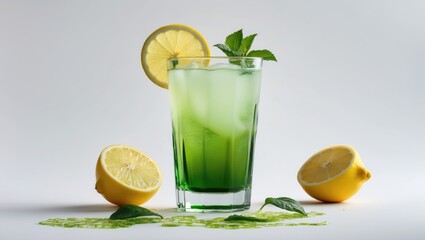 Fototapeta premium Refreshing green cocktail in a glass with lemon slice and mint leaves surrounded by lemon halves and spilled juice on a white background