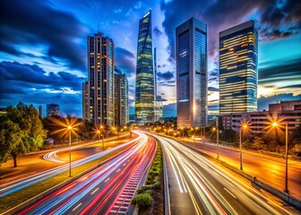 Obraz premium Night Photography: Madrid's Five Towers & City Traffic