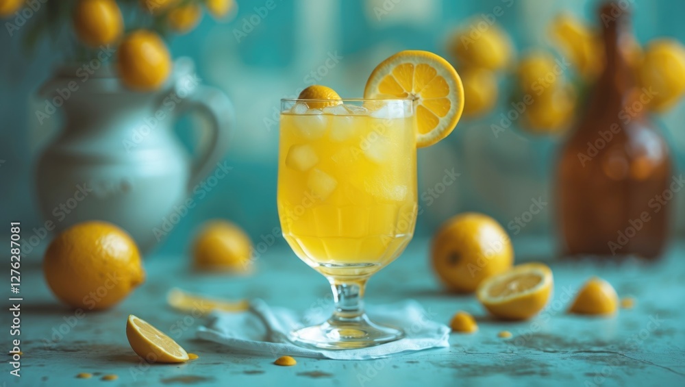 Poster glass of yellow lemonade with ice garnished with lemon slices and whole lemons on a rustic blue surf
