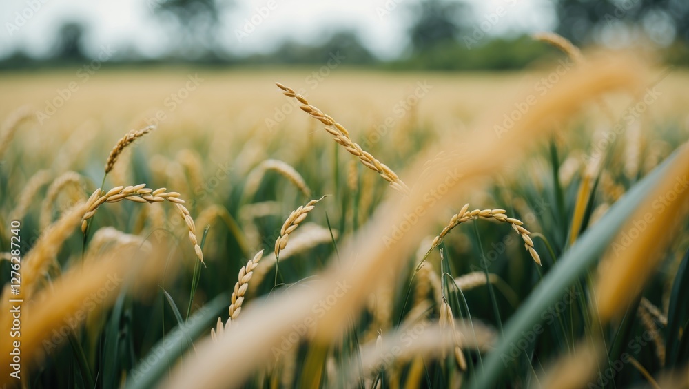 Aufkleber golden wheat field with close-up focus on wheat stalks surrounded by greenery and blurred background