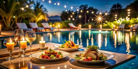 Fototapeta premium Night Poolside Dinner: Delicious Food by the Illuminated Water