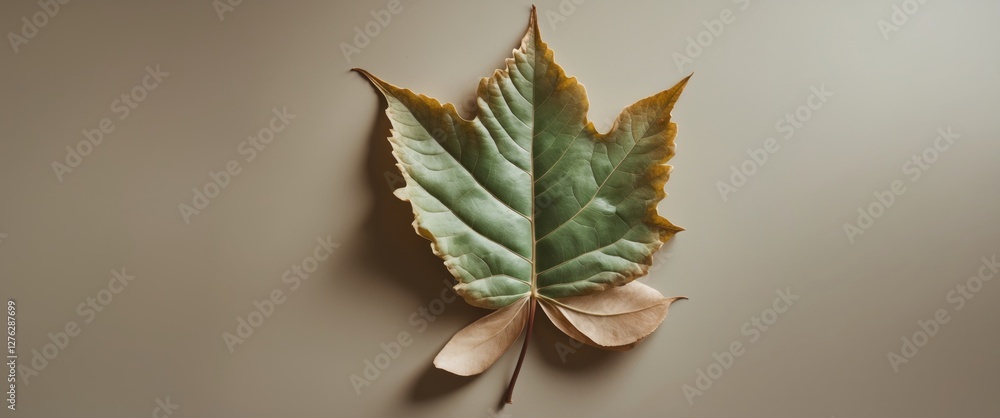 Poster autumn leaf on a neutral background highlighting its texture and color variations in natural light