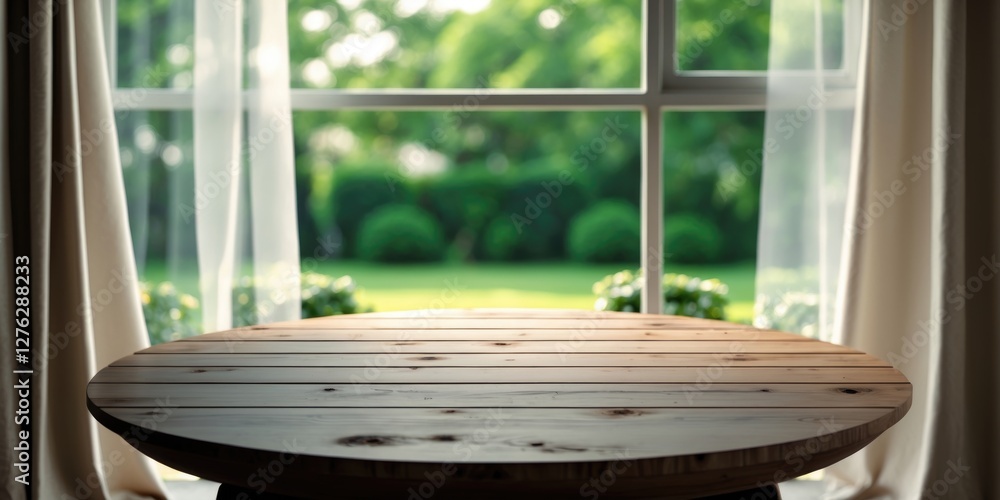 Poster wooden round table with natural light shining through a large window with sheer curtains and a view 