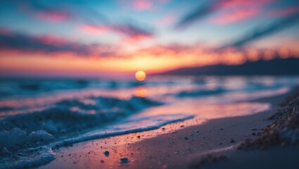 Colorful sunset over a tranquil beach with gentle waves and scattered seashells in the foreground and dramatic clouds in the sky.