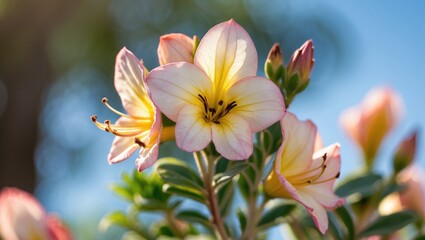 Fototapeta premium pink and yellow flowers with green leaves on a blurred background in natural sunlight