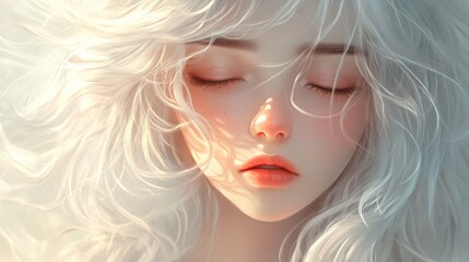 Fototapeta premium Dreamy Portrait of a Serene Young Woman with Flowing White Hair