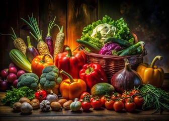 Nighttime Vibrant Vegetable Harvest: Colorful Produce Ready for Healthy Cooking