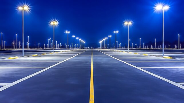 Illuminated parking lot at twilight with geometric lines and patterns