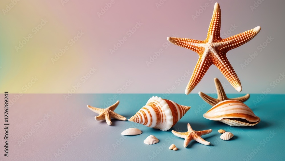 Poster colorful seashells and starfish arranged on a soft gradient background in a studio setting.