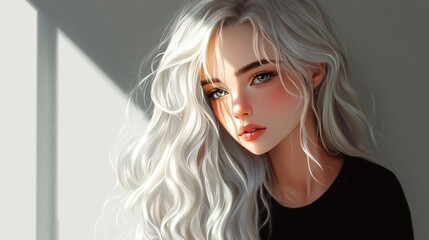 Fototapeta premium Ethereal Woman with Silvery Hair and Striking Green Eyes in Light