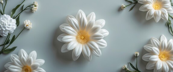 White and yellow decorative flowers arranged on a light blue background with small green leaves and white blossoms