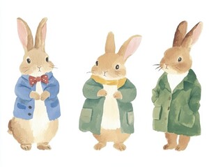 Three rabbits are standing in a row, each wearing a different colored coat