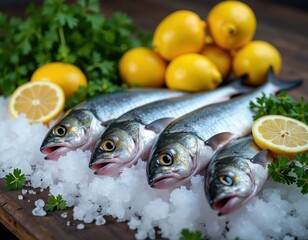 Fresh Bluefish with Lemons on Ice Culinary Still Life Display of Raw Fish and Citrus Fruits