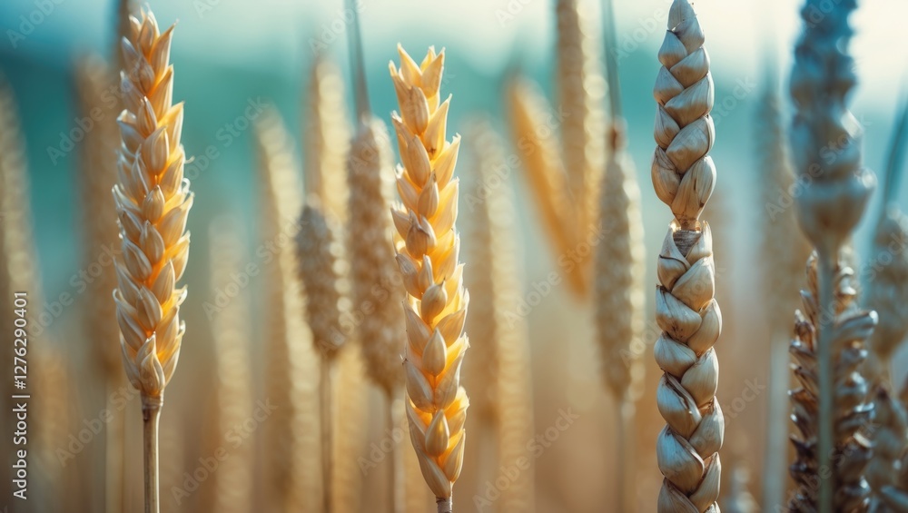 Aufkleber close-up of golden wheat stalks in a field with shallow depth of field focusing on individual grains