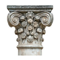 Naklejka premium A white pillar with a flowery top. The pillar is made of stone and has a very elegant and sophisticated appearance. The flowers on the top of the pillar are intricately carved