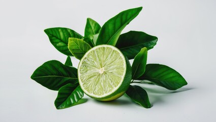 Fresh lime half with vibrant green leaves arranged on a light background depicting natural ingredients and healthy food concepts