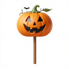 Jack O Lantern Head with Decorative Halloween Bat Silhouette on Stick Spooky Season Celebration