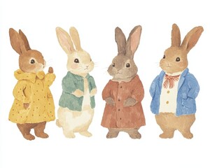 Four rabbits are standing in a row, each wearing a different colored jacket