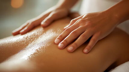 Naklejka premium Close-up of a wellness massage treatment showcasing a therapist's hand applying oil on the back of a person, highlighting relaxation, skin care, and healing in a tranquil environment.
