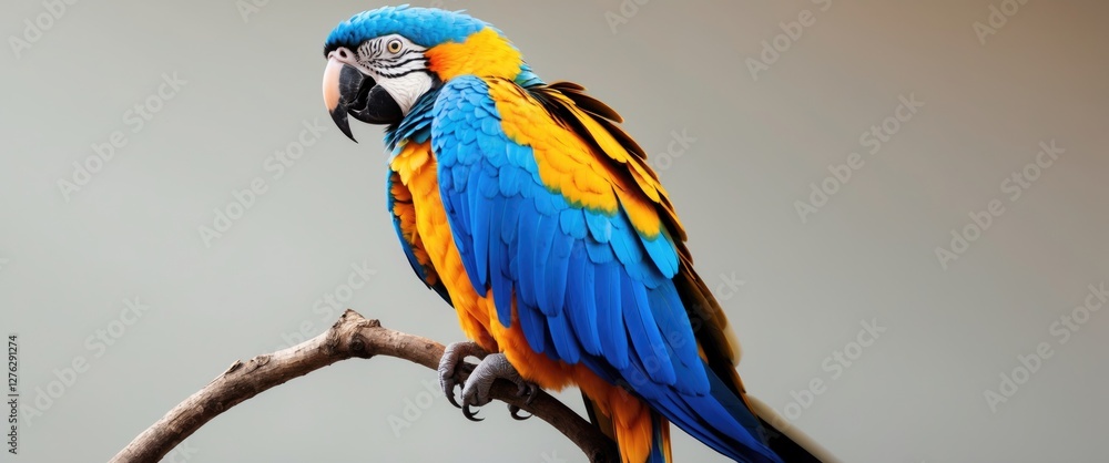 Poster blue and yellow macaw perched on a branch against a soft neutral background displaying vibrant feath