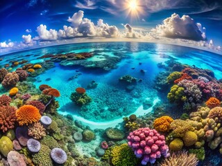 Panoramic Aerial View: Vibrant Turquoise Ocean & Coral Reef