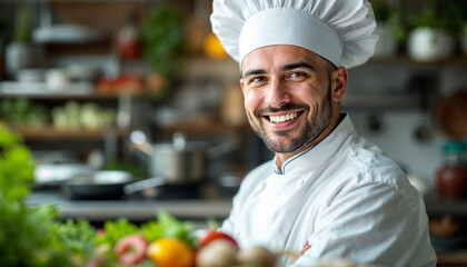portrait of a smiling chef wearing a traditional white chef's jacket and hat with kitchen in the background