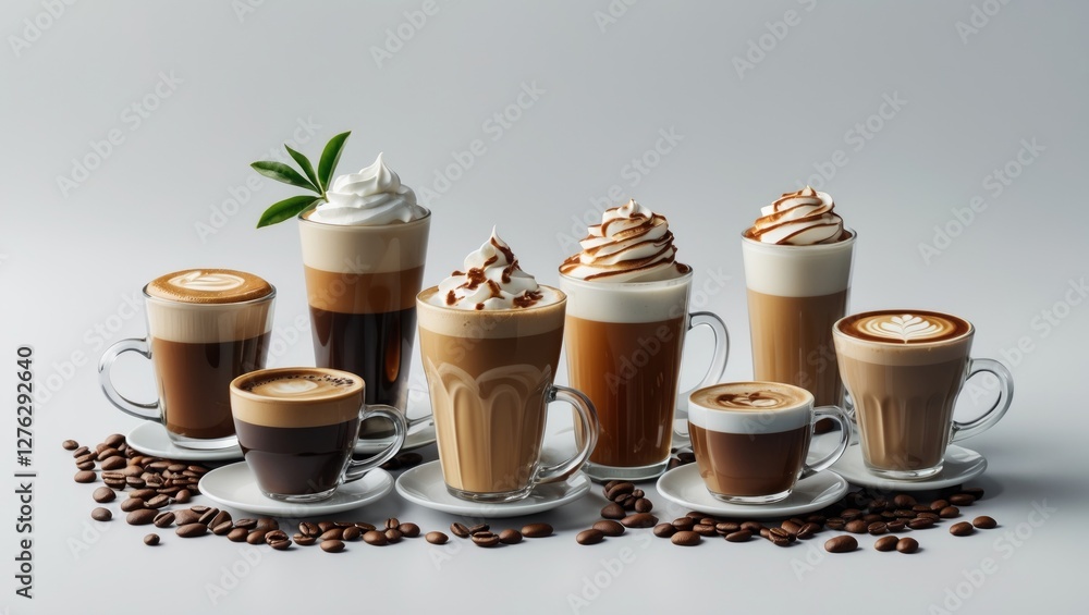 Poster assorted coffee drinks with different layers and toppings on a gray background with coffee beans sca