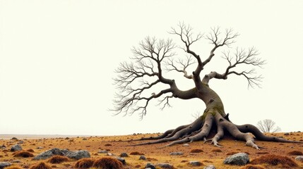 A solitary, ancient tree with exposed roots, standing resiliently in a desolate, windswept landscape, evokes feelings of strength and endurance against the elements.