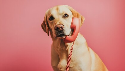 Golden labrador retriever holding red telephone receiver against pink background