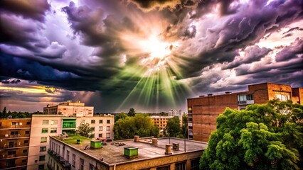 Obraz premium Dark Green Sky, Urban Exploration, Light Ray, Swirling Clouds, Dramatic Photography