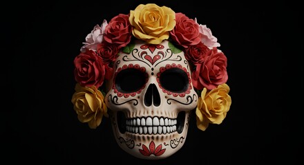 Fototapeta premium Day of the Dead Skull with Colorful Flowers on Black Background