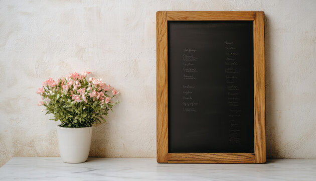 Blank wooden sign. Blackboard in a wooden frame beside a white pot of pink flowers on a light surface.