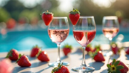 Strawberry cocktails in elegant glasses with fresh strawberries on a table outdoors near a swimming pool in bright sunlight.