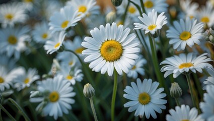 Fototapeta premium Close-up of vibrant white daisies with yellow centers in a lush green garden field during daylight.