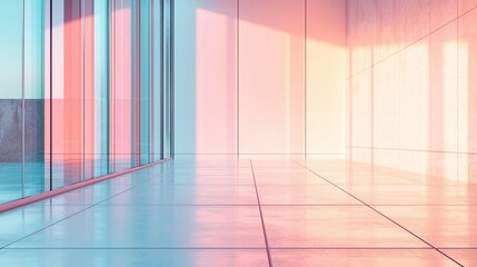 Pastel-toned modern interior with glass walls and sunlit floor.