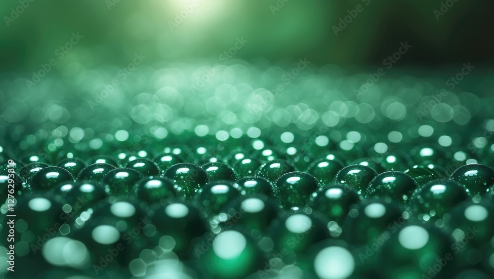 Poster close-up of a surface covered with green glass marbles reflecting soft light and creating a bokeh ef