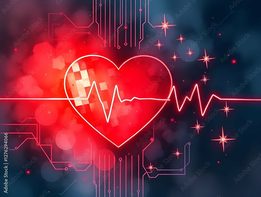 Aufkleber A glowing red heart with a vibrant heartbeat line, surrounded by circuit board patterns and sparkling elements, symbolizes health and technology, online love