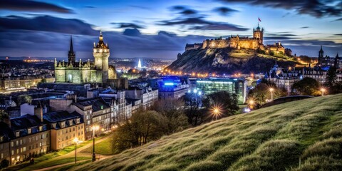 Obraz premium Edinburgh Skyline Night Photography, Low Light Cityscape, Grassy Hilltop View, Scotland
