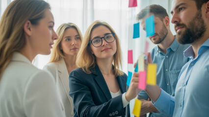 Fototapeta premium Team Collaboration in Office Setting with Young Professionals Engaging in Creative Brainstorming Session Using Sticky Notes