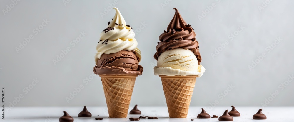 Poster two ice cream cones with chocolate and vanilla flavors topped with swirls in a minimalistic setting 