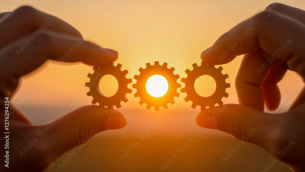 Poster hands holding three gears in front of a sunset symbolizing teamwork, innovation, and mechanical engi