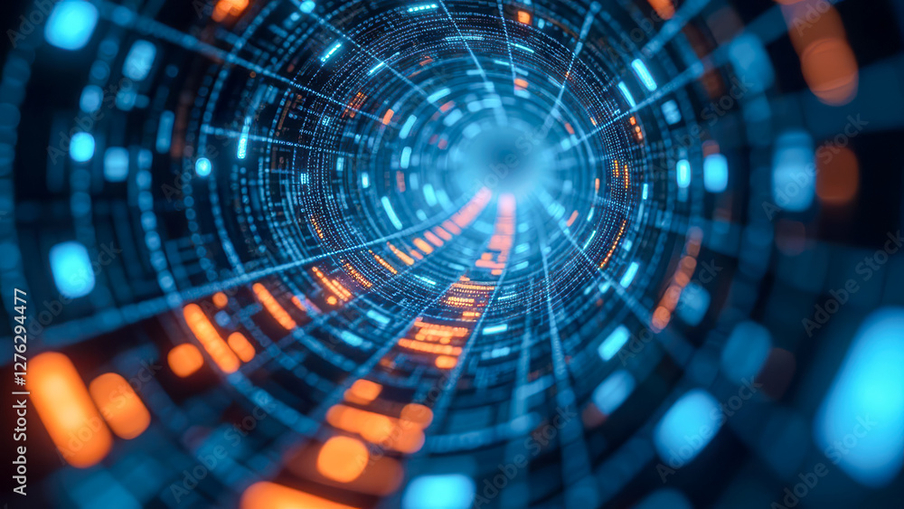Poster futuristic data tunnel with glowing blue and orange lines in a 3d space, digital network concept for