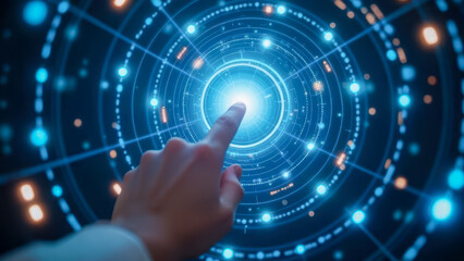Futuristic Interface with Digital Circles and Light Effects, Human Finger Touching Virtual Technology Sphere