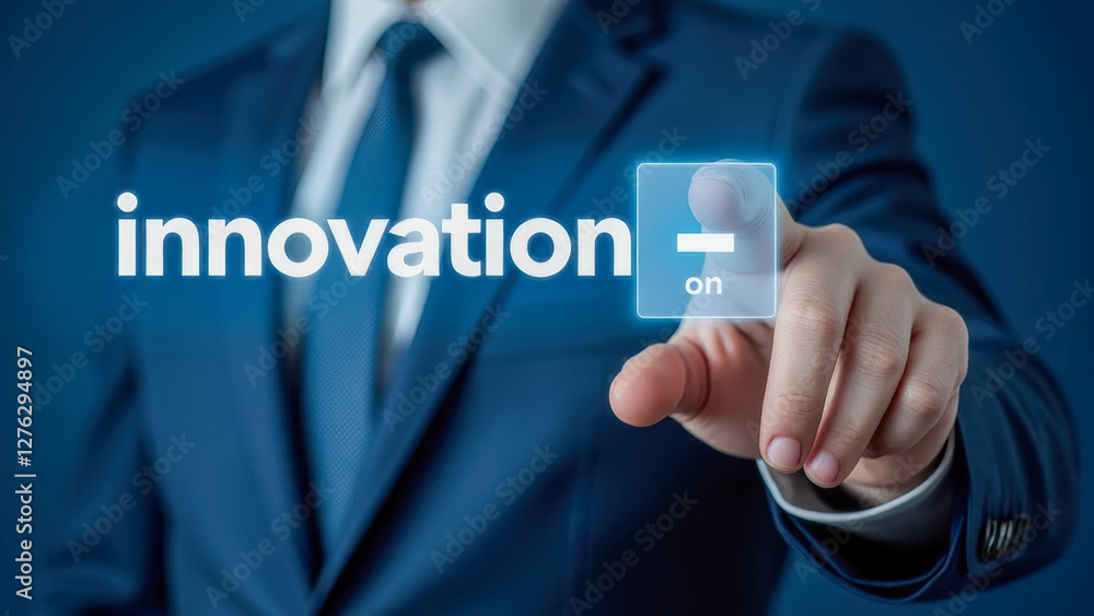 Poster business professional engaging in innovative technology with a touchscreen concept displaying innova