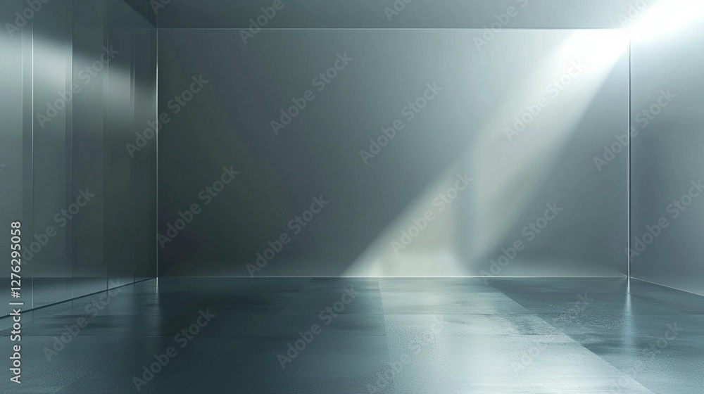 Poster sunlit minimalist empty room with reflective floor and walls.