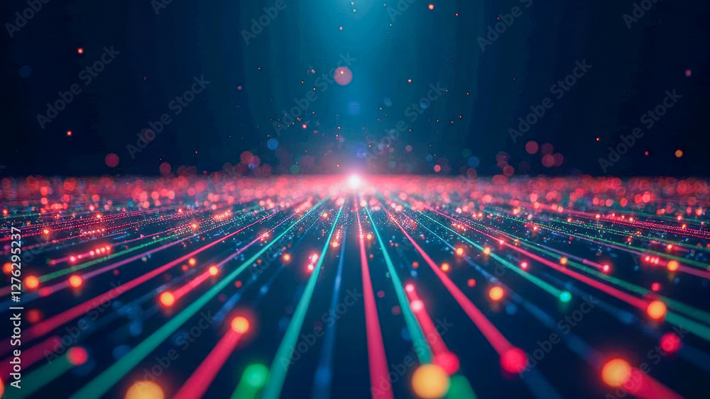 Poster vibrant colorful light rays spreading across a digital space with bokeh effect and sparkling particl