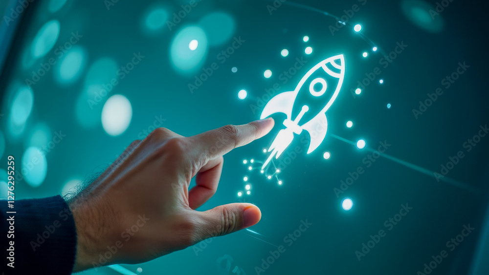 Poster hand interacting with digital rocket icon on futuristic background symbolizing innovation and techno